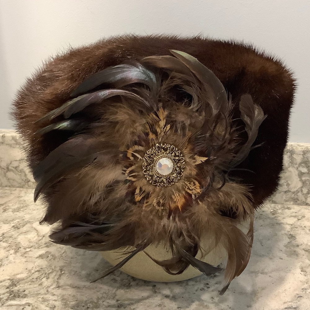 Vintage brown mink hat with faux diamond pin and feathers